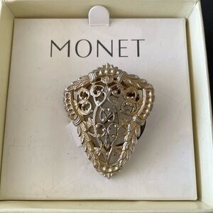 Vintage 1980s Monet Gold Tone Metal Scarf Fur Clip - Filigree Design